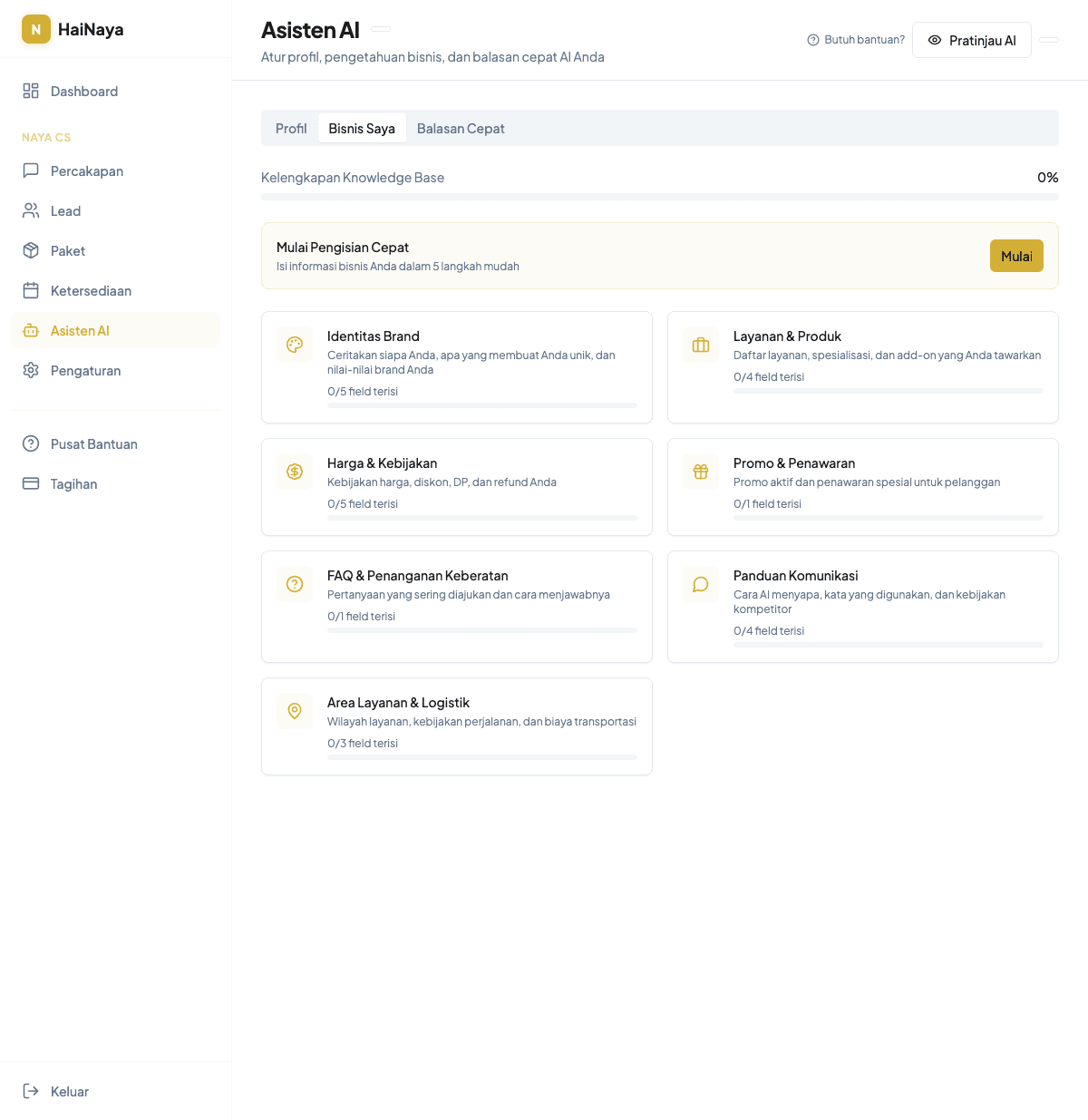 Pengaturan Knowledge Base AI HaiNaya dengan progress meter