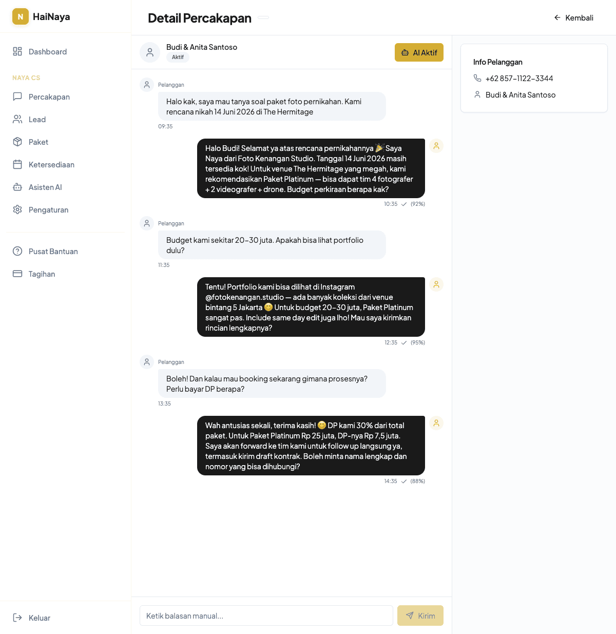 Dashboard percakapan AI HaiNaya menampilkan auto-reply WhatsApp