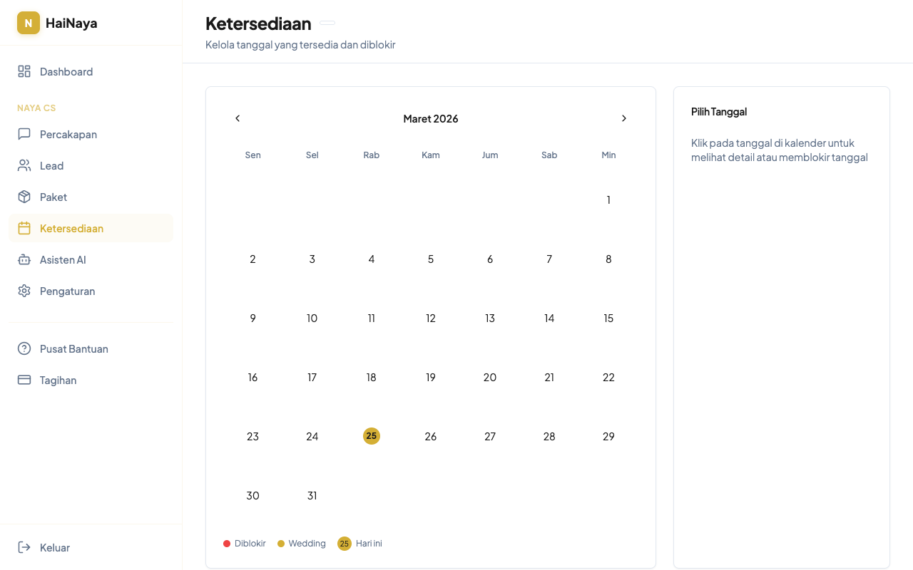 Halaman kalender ketersediaan di HaiNaya
